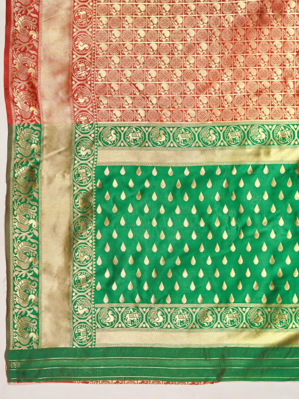Soft Lichi Silk Saree – Red Green Zari