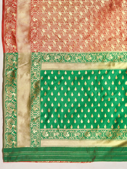 Soft Lichi Silk Saree – Red Green Zari