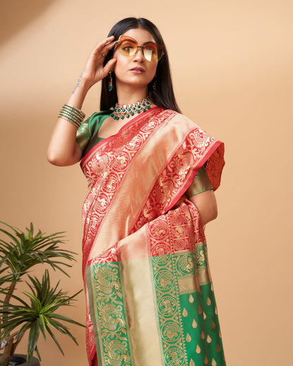 Soft Lichi Silk Saree – Red Green Zari