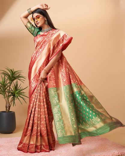Soft Lichi Silk Saree – Red Green Zari