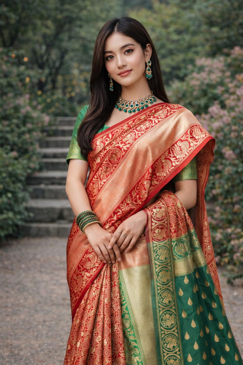 Soft Lichi Silk Saree – Red Green Zari