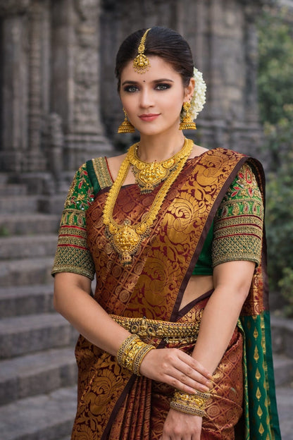 Soft Lichi Silk Saree – Brown Zari Work
