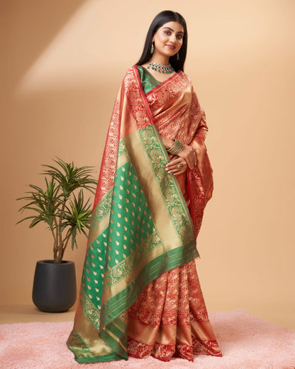 Soft Lichi Silk Saree – Red Green Zari