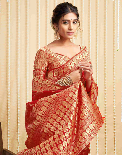 Soft Lichi Silk Saree – Red Zari Work