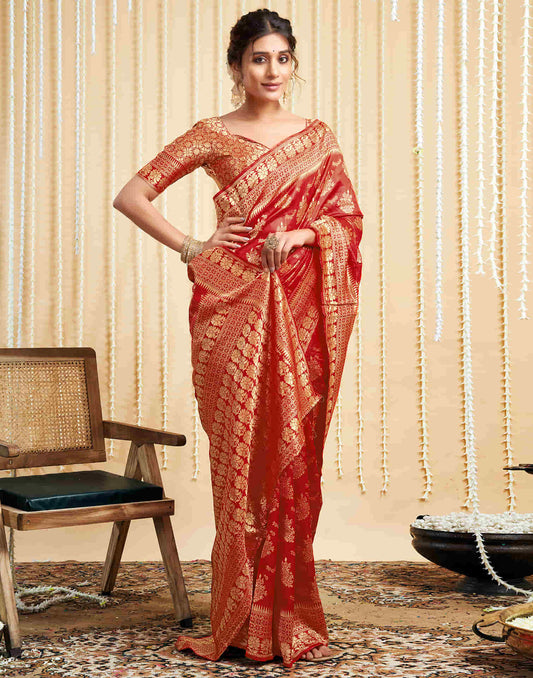 Soft Lichi Silk Saree – Red Zari Work