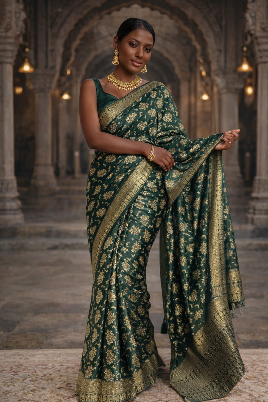 Soft Lichi Silk Saree – Dark Green Zari