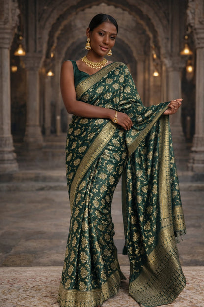 Soft Lichi Silk Saree – Dark Green Zari