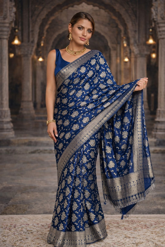 Soft Lichi Silk Saree – Navy Blue Zari