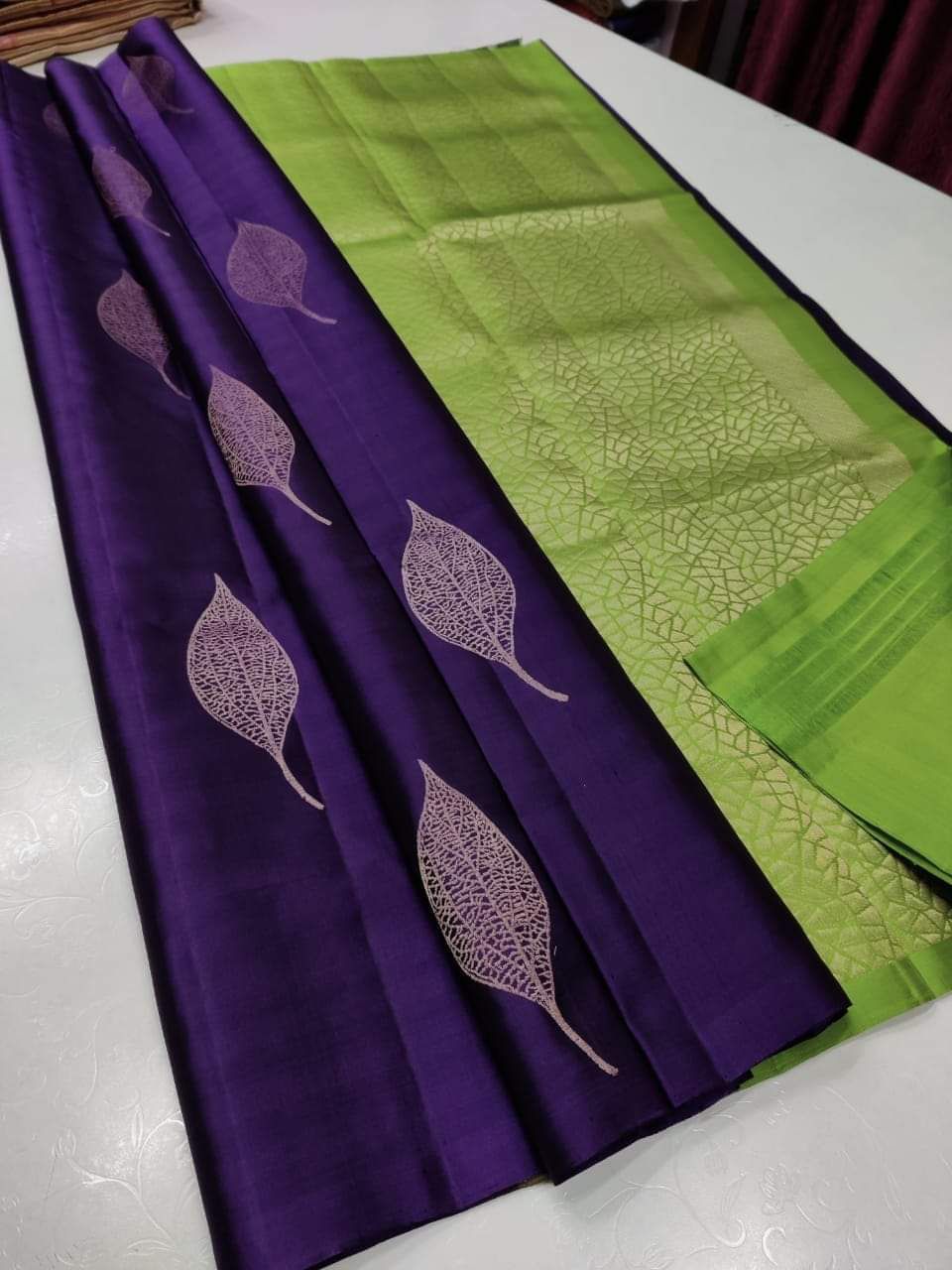 Soft Lichi Silk Saree – Purple Green Zari