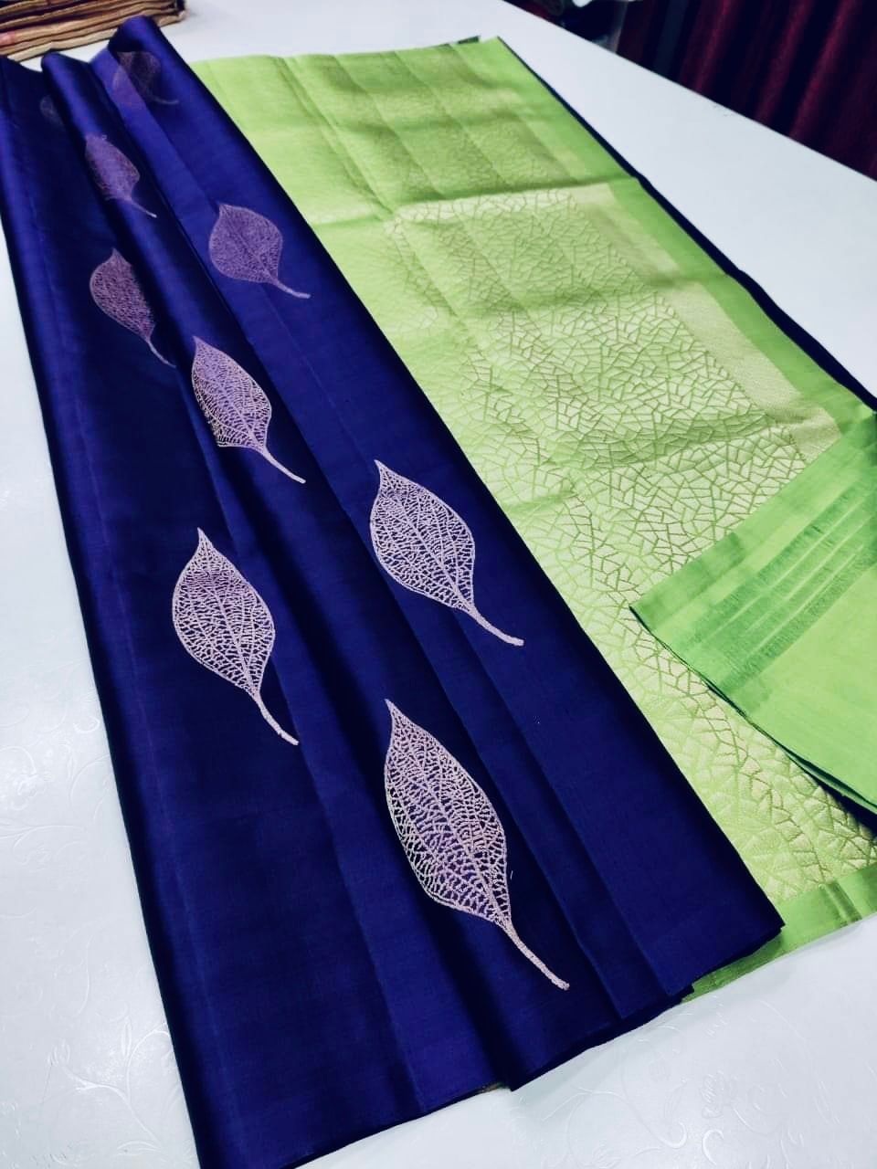 Soft Lichi Silk Saree – Navy Green Zari