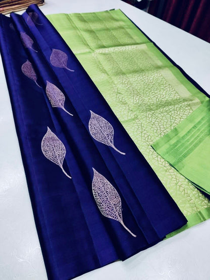 Soft Lichi Silk Saree – Navy Green Zari