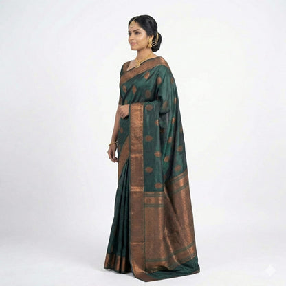 Soft Lichi Silk Bottle Green Premium Border Saree