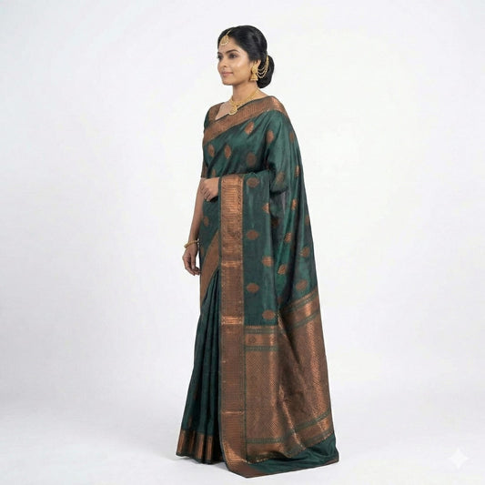 Soft Lichi Silk Bottle Green Premium Border Saree