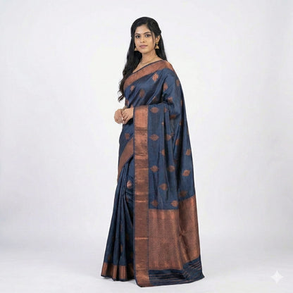Soft Lichi Silk Navy Blue Premium Border Saree