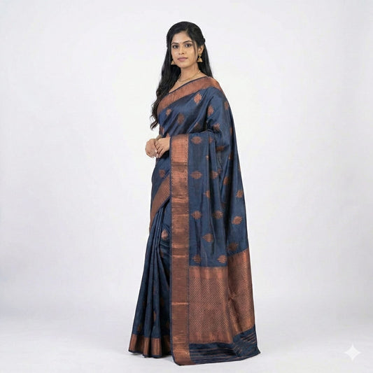 Soft Lichi Silk Navy Blue Premium Border Saree