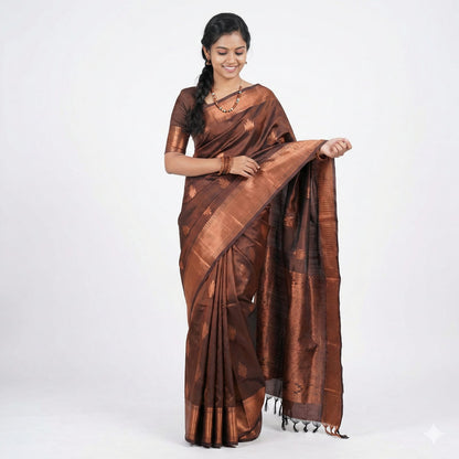 Soft Lichi Silk Coffee Brown Premium Border Saree