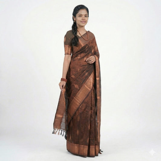 Soft Lichi Silk Coffee Brown Premium Border Saree