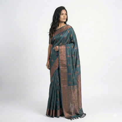 Soft Lichi Silk Bottle Green Premium Border Saree