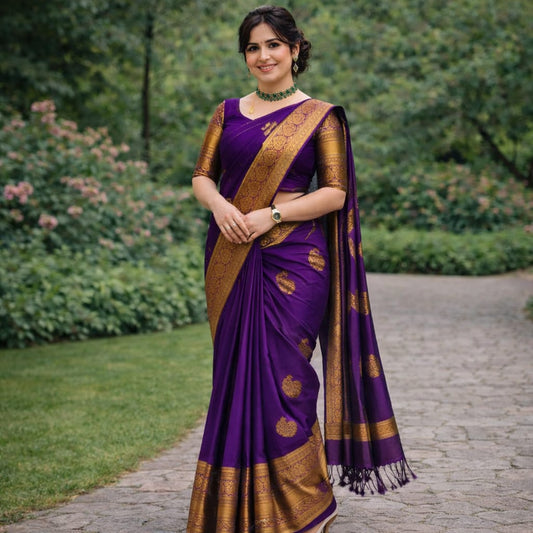 Soft Lichi Silk Royal Purple Premium Border Saree