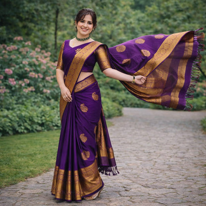 Soft Lichi Silk Royal Purple Premium Border Saree