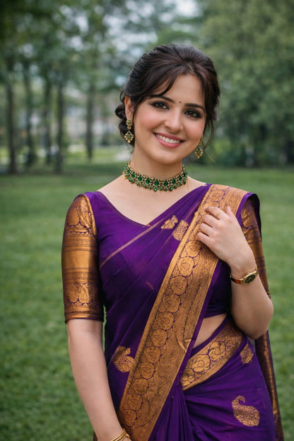 Soft Lichi Silk Royal Purple Premium Border Saree
