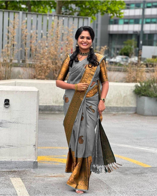 Soft Lichi Silk Grey Premium Border Saree