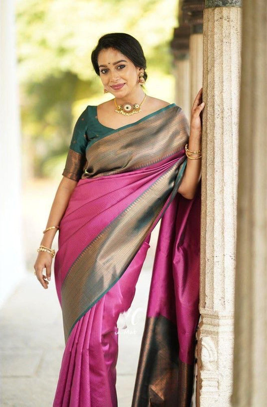 Soft Lichi Silk Pink & Bottle Green Zari Border Saree