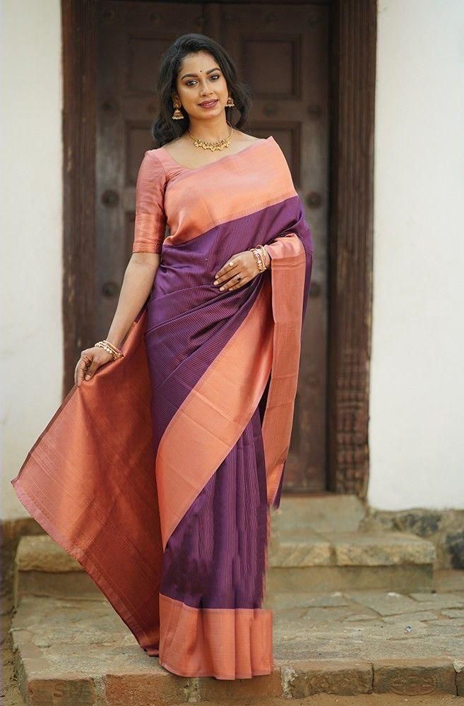 Soft Lichi Silk Purple & Peach Contrast Saree