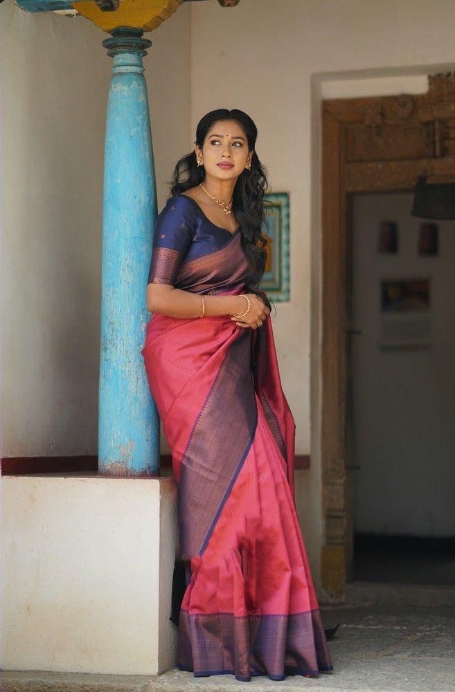 Soft Lichi Silk Pink & Navy Contrast Saree