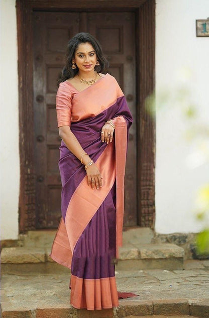 Soft Lichi Silk Purple & Peach Contrast Saree