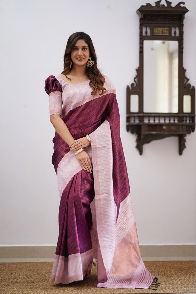 Soft Lichi Silk Wine Purple & Blush Pink Contrast Saree