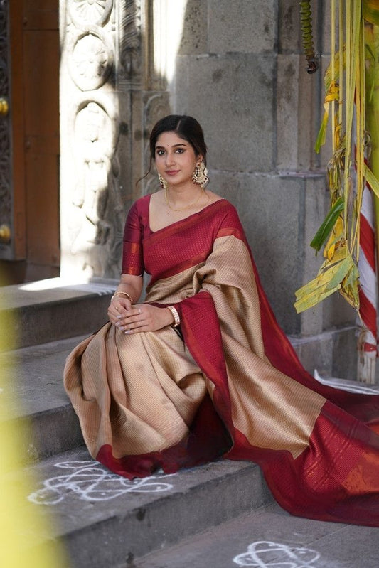 Soft Lichi Silk Beige Maroon Border Saree