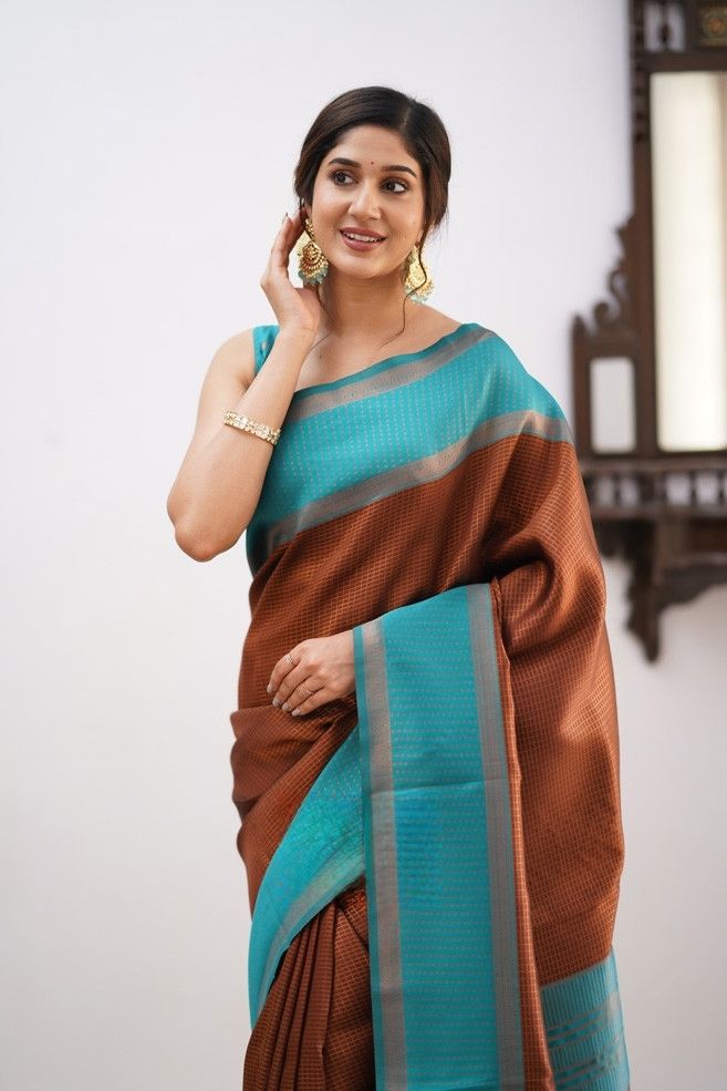 Soft Lichi Silk Teal Brown Contrast Border Sare