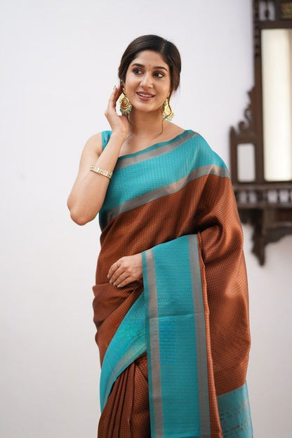 Soft Lichi Silk Teal Brown Contrast Border Sare