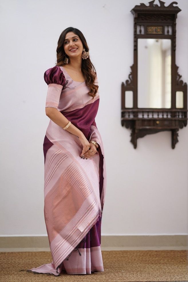 Soft Lichi Silk Wine Purple & Blush Pink Contrast Saree