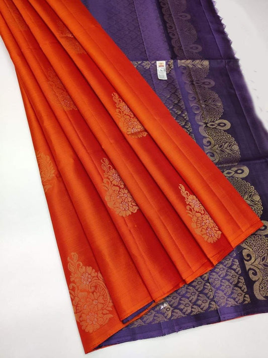 Soft Lichi Silk Orange Saree with Purple Zari Border
