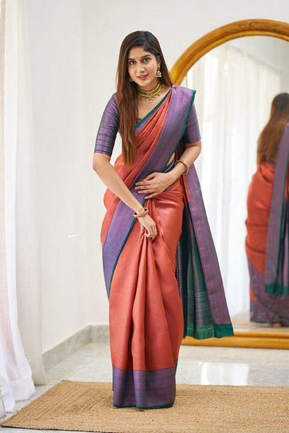 Soft Lichi Silk Rust Orange & Purple Contrast Border Saree