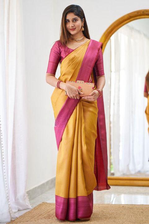 Soft Lichi Silk Mustard Yellow Saree with Magenta Border