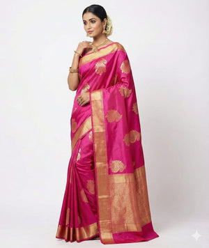 Soft Lichi Silk Rani Pink Saree with Golden Zari Border