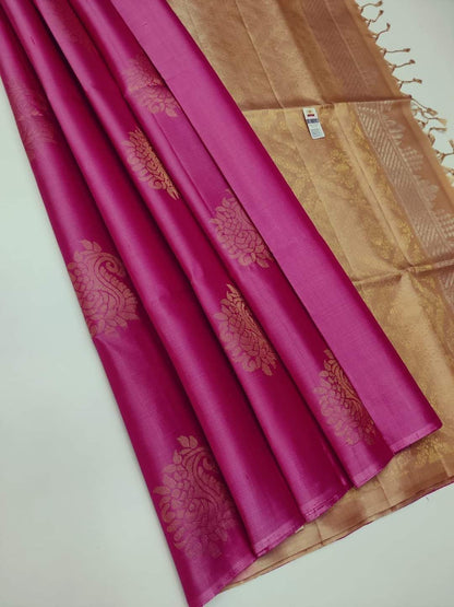 Soft Lichi Silk Rani Pink Saree with Golden Zari Border