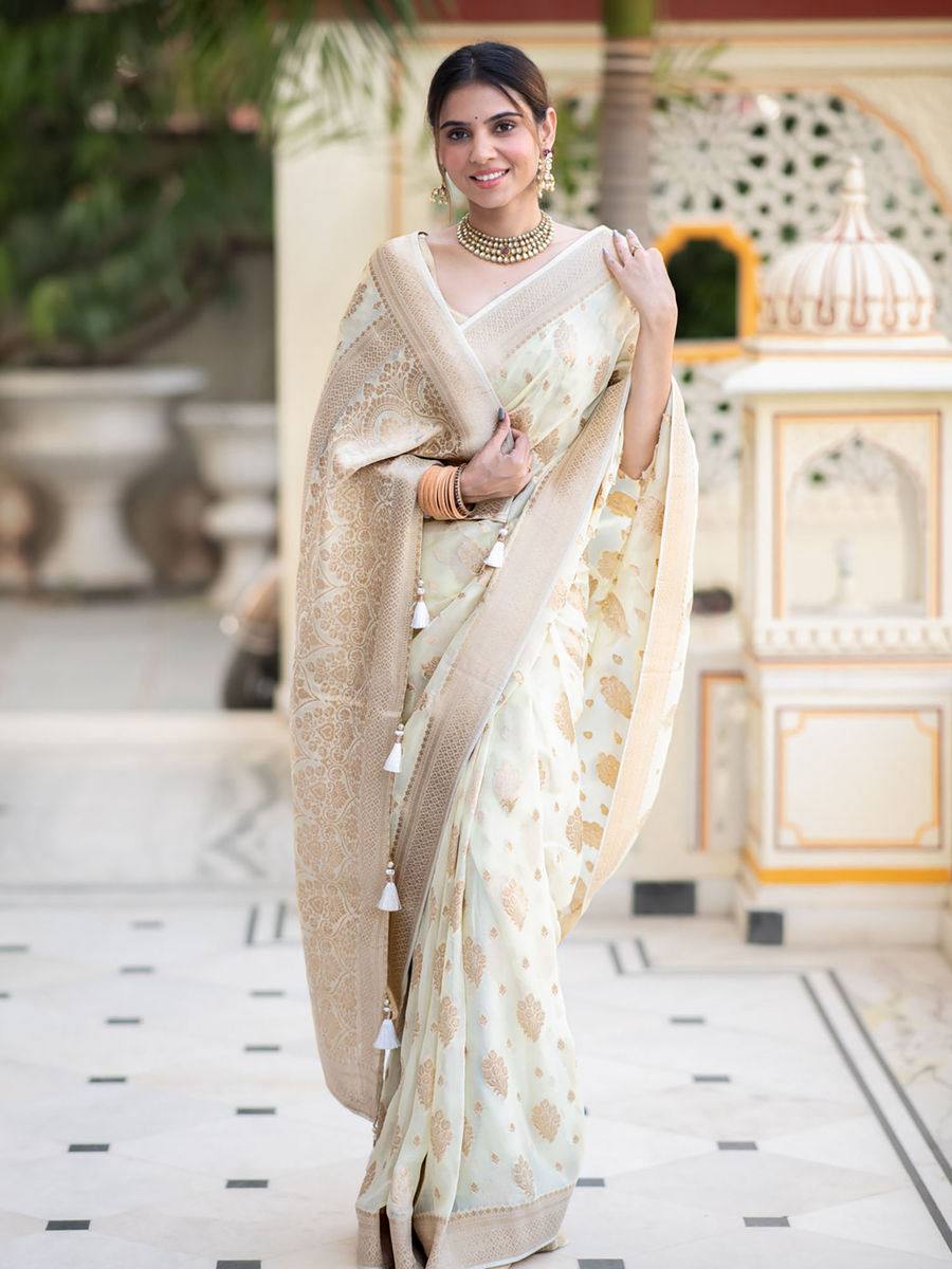 Soft Lichi Off White Zari Butti Festival Saree