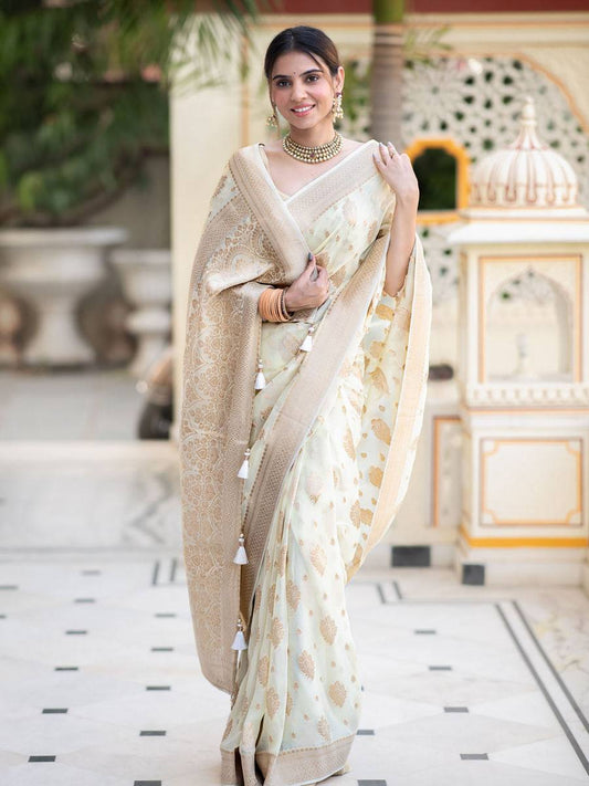 Soft Lichi Off White Zari Butti Festival Saree