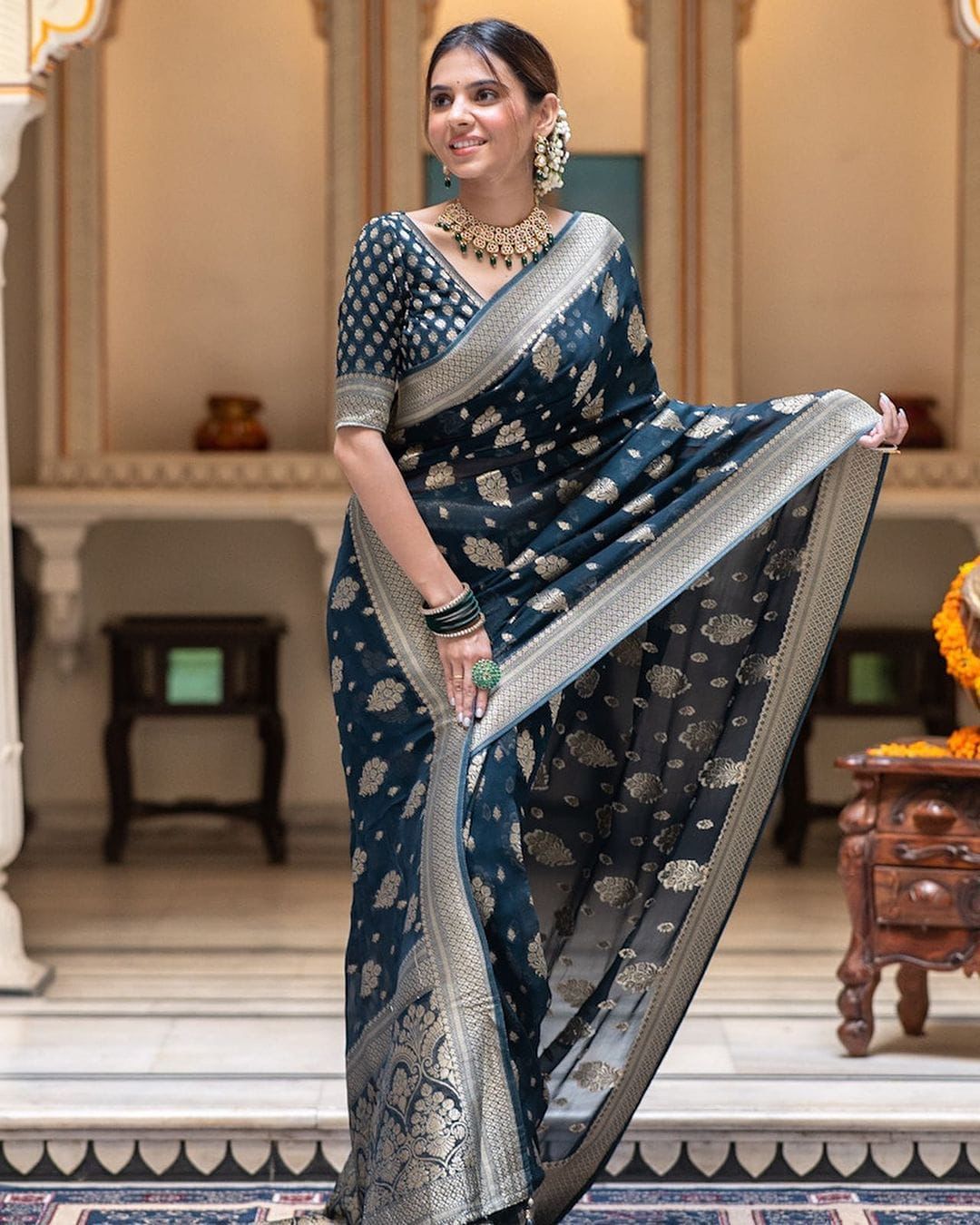 Soft Lichi Dark Green Banarasi Zari Work Saree