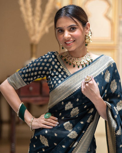 Soft Lichi Dark Green Banarasi Zari Work Saree