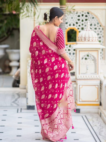 Soft Lichi Rani Pink Banarasi Zari Work Saree