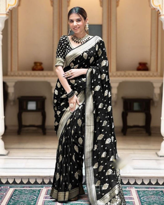 Soft Lichi Black Banarasi Zari Work Saree