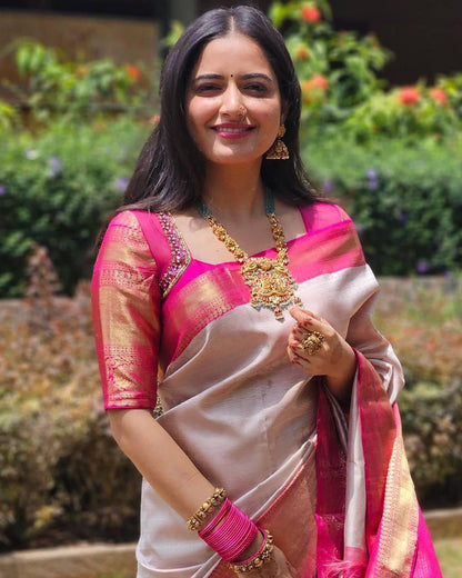 Soft Lichi Silver Grey Pink Contrast Zari Border Saree
