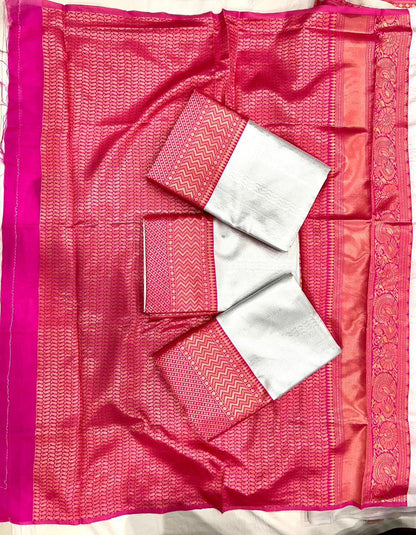 Soft Lichi Silver Grey Pink Contrast Zari Border Saree