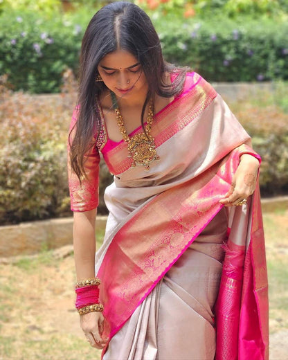 Soft Lichi Silver Grey Pink Contrast Zari Border Saree