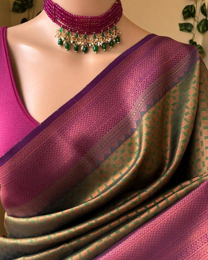 Soft Lichi Purple Green Zari Border Premium Saree